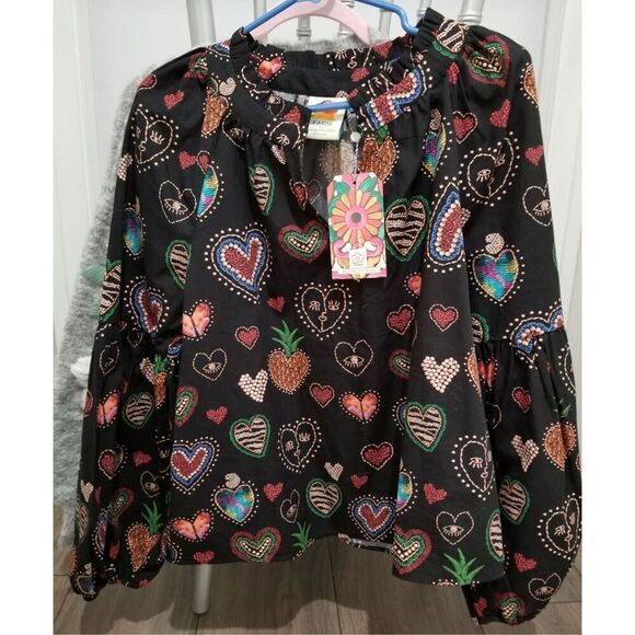 Farm Rio for Anthropologie Black Heart Print Blouse – XS – 100% Cotton EUC - Picture 2 of 10